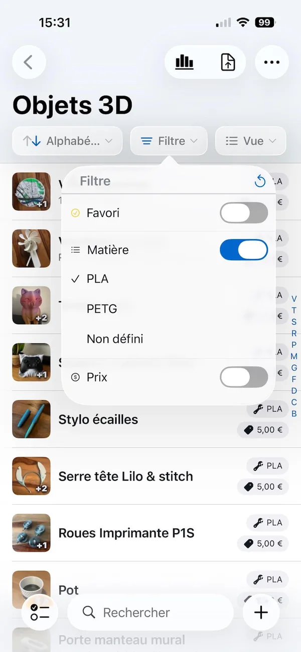 Retinelle item list for 3D-printed objects with the filter popover filtering the Material field to PLA