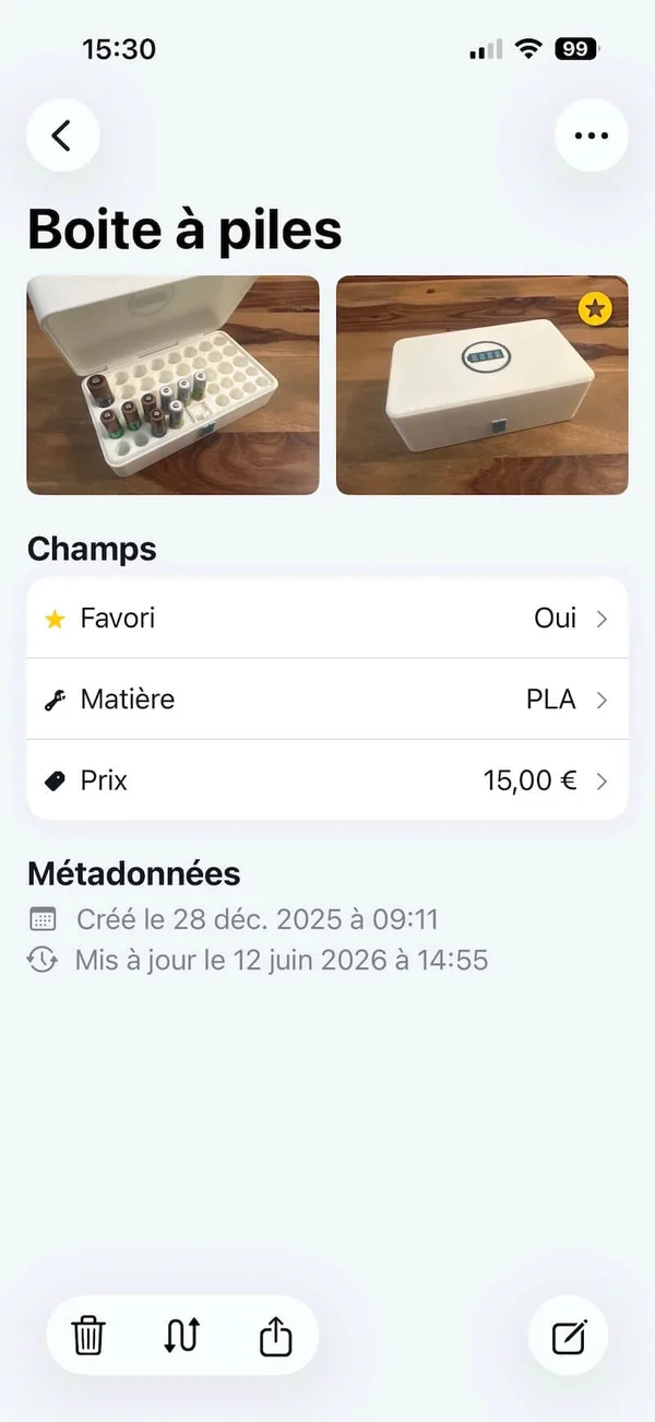 Retinelle item details for a 3D-printed object with photos and custom fields for favorite status, material, and price