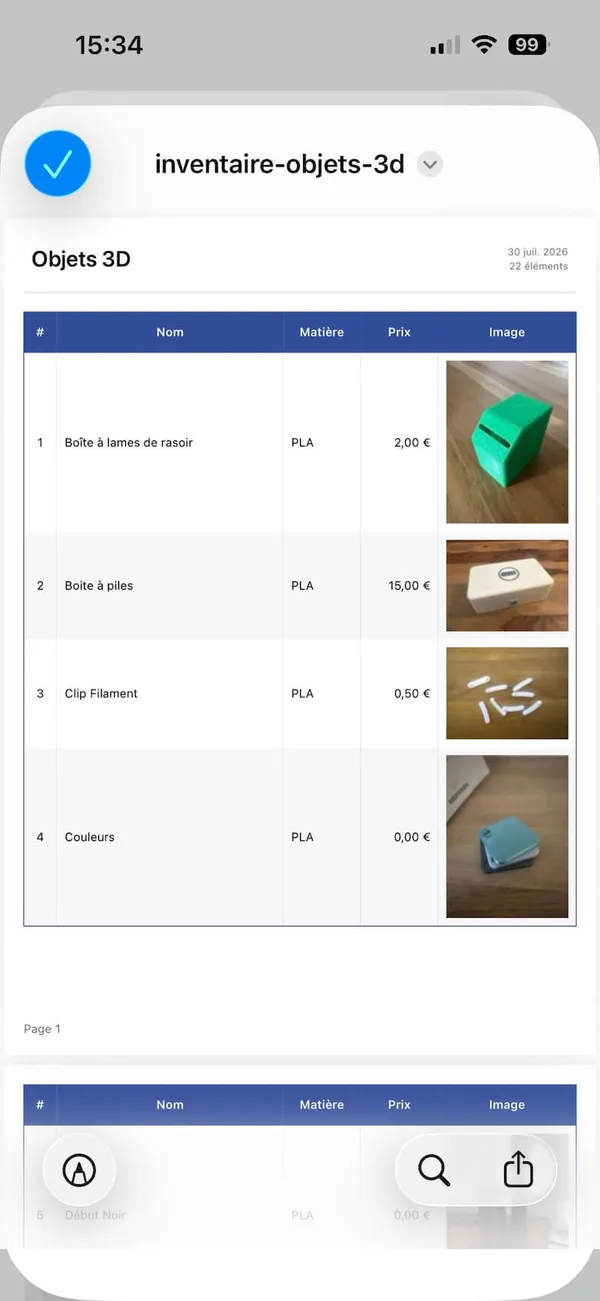 A preview of the PDF export generated from the 3D-printed object inventory