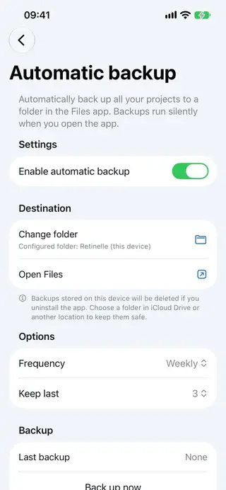 Local backup screen in Retinelle