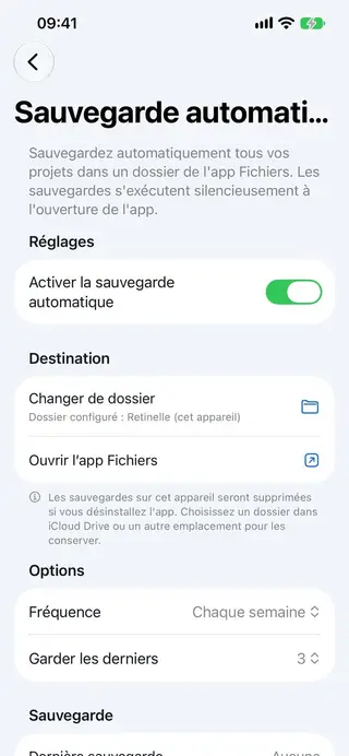 Écran de sauvegarde locale dans Retinelle