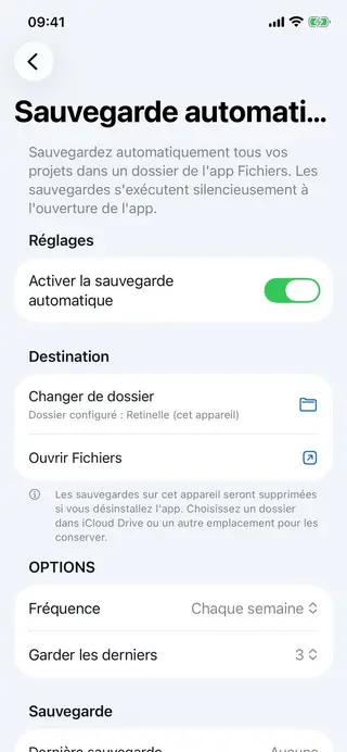 Écran de sauvegarde locale dans Retinelle
