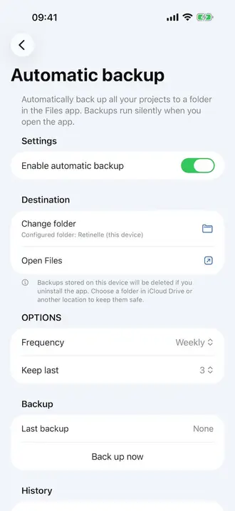 Local backup screen in Retinelle