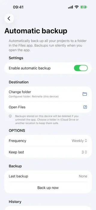Local backup screen in Retinelle