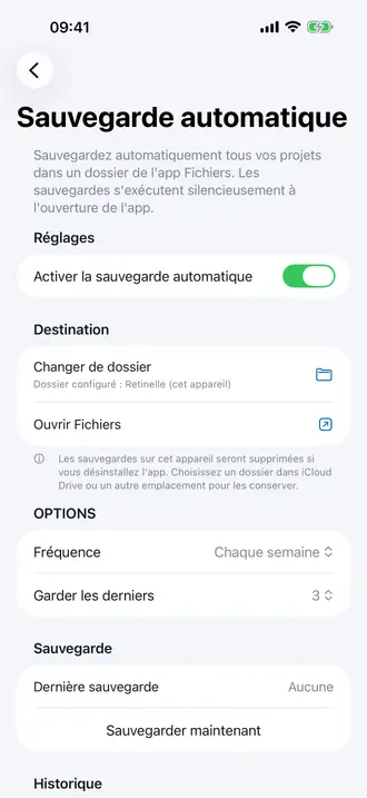 Écran de sauvegarde locale dans Retinelle