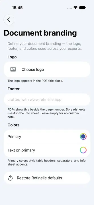 Document branding settings screen in Retinelle