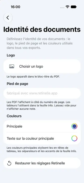 Écran de réglages de l'identité des documents dans Retinelle