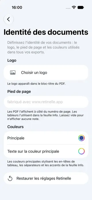 Écran de réglages de l'identité des documents dans Retinelle