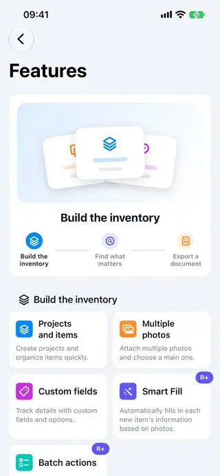 Feature list screen in Retinelle