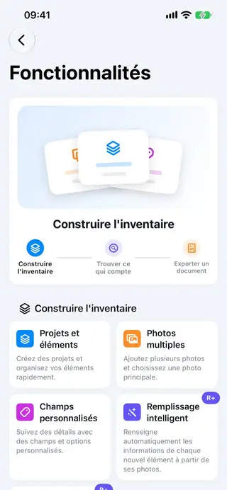 Écran de liste de fonctionnalités dans Retinelle