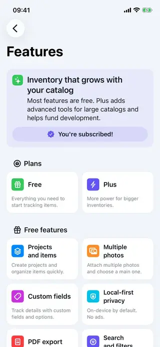 Feature list screen in Retinelle