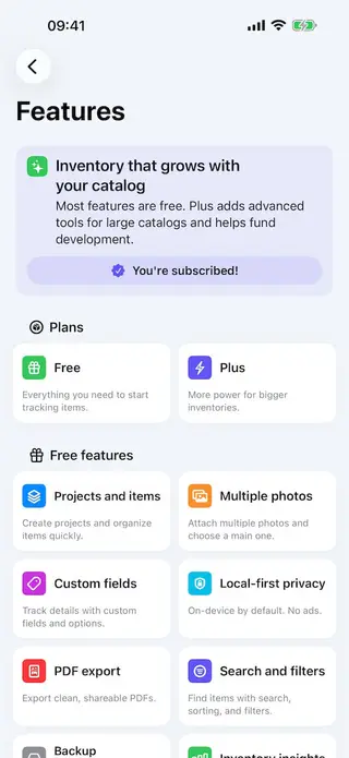 Feature list screen in Retinelle