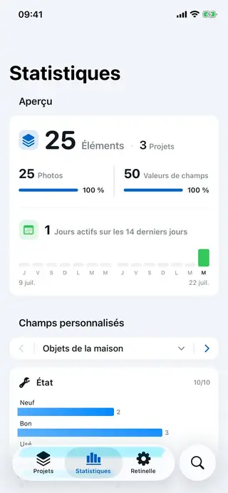 Écran d'analyse d'inventaire dans Retinelle