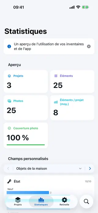 Écran "suivi avec Insights" dans Retinelle