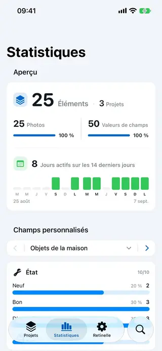 Écran d'analyse d'inventaire dans Retinelle