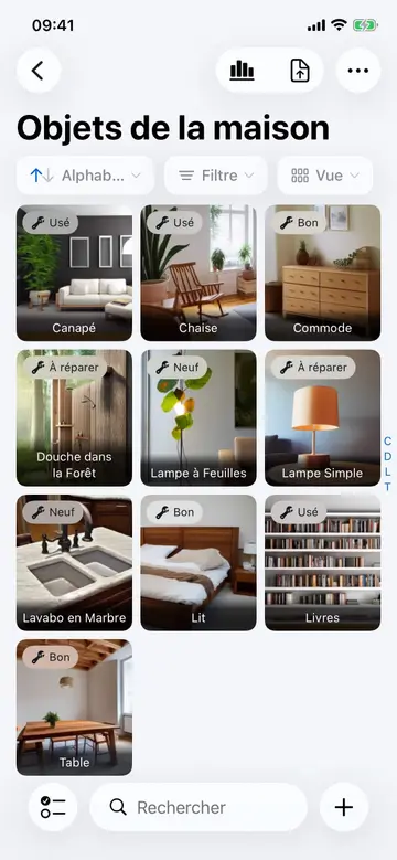 Écran de liste d'objets dans Retinelle