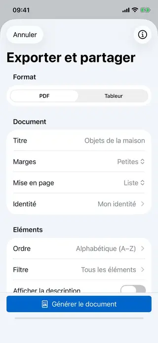 Écran de personnalisation d'export dans Retinelle