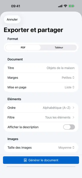 Écran de personnalisation d'export dans Retinelle