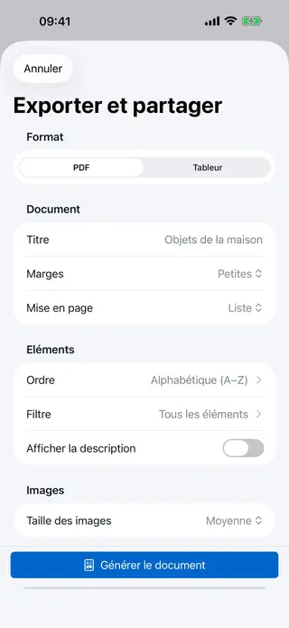 Écran "personnalisez votre export" dans Retinelle