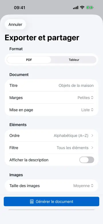 Écran de personnalisation d'export dans Retinelle