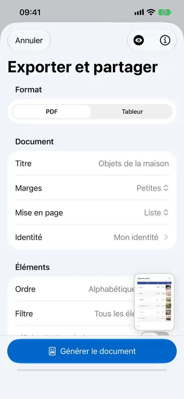 Écran de personnalisation d'export dans Retinelle