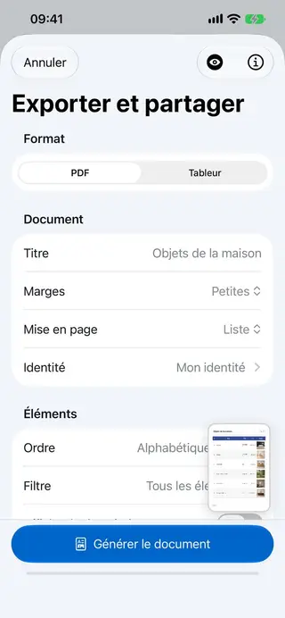 Écran de personnalisation d'export dans Retinelle