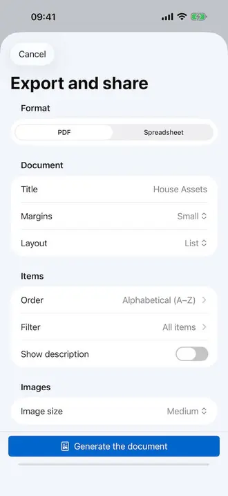 Export customization screen in Retinelle