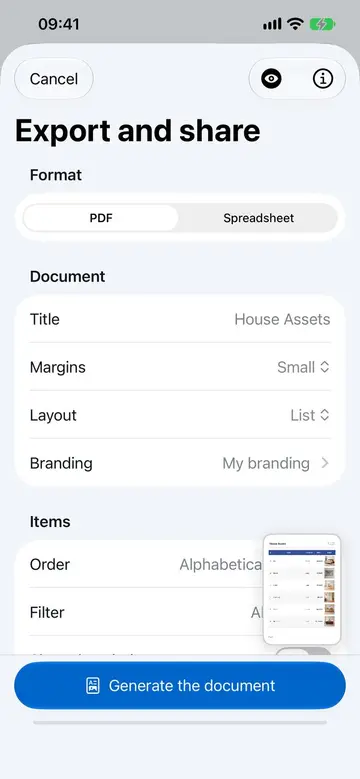 Export customization screen in Retinelle