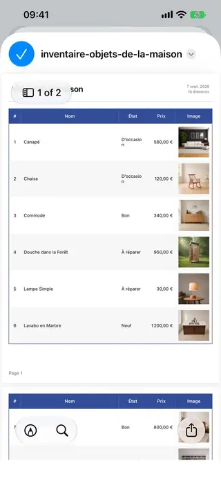 Écran d'aperçu d'export PDF dans Retinelle