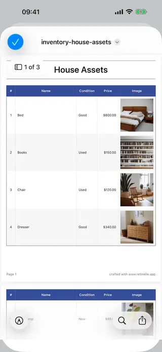PDF export preview screen in Retinelle