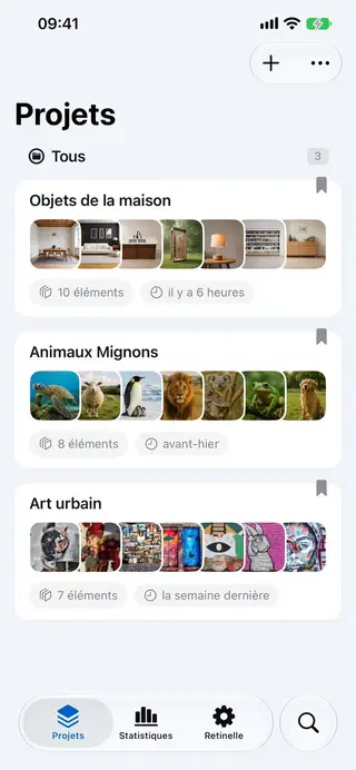 Écran de liste de projets dans Retinelle