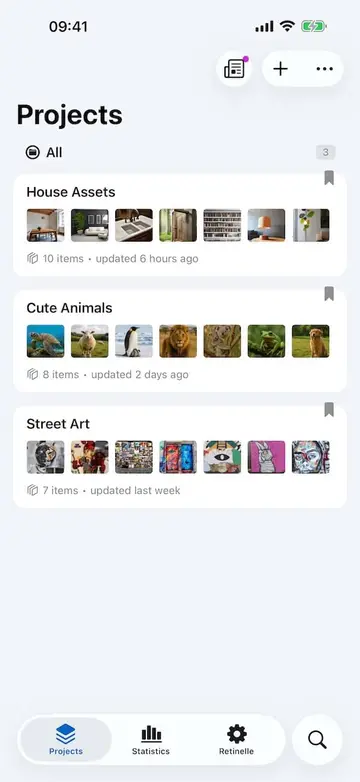 Project list screen in Retinelle