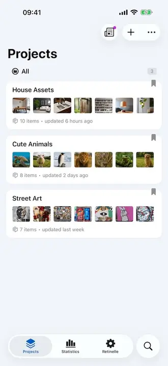 Project list screen in Retinelle