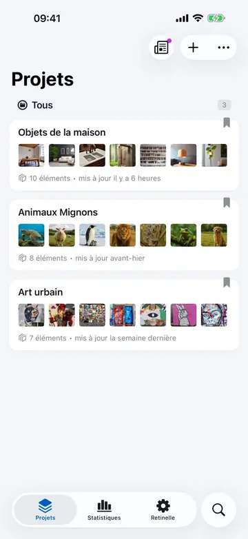 Écran de liste de projets dans Retinelle