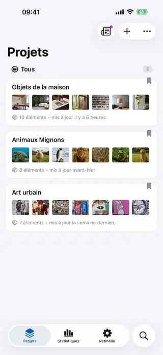 Écran "gérez plusieurs projets" dans Retinelle