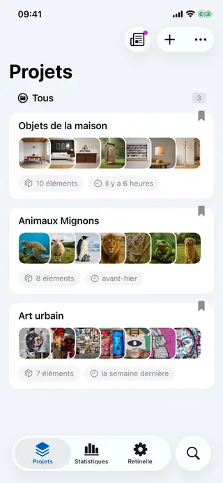 Écran de liste de projets dans Retinelle
