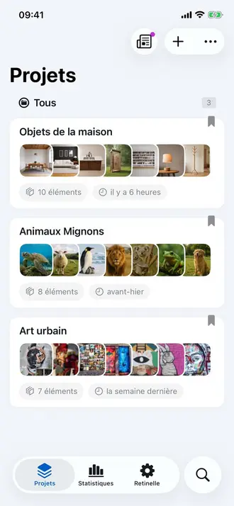 Écran de liste de projets dans Retinelle