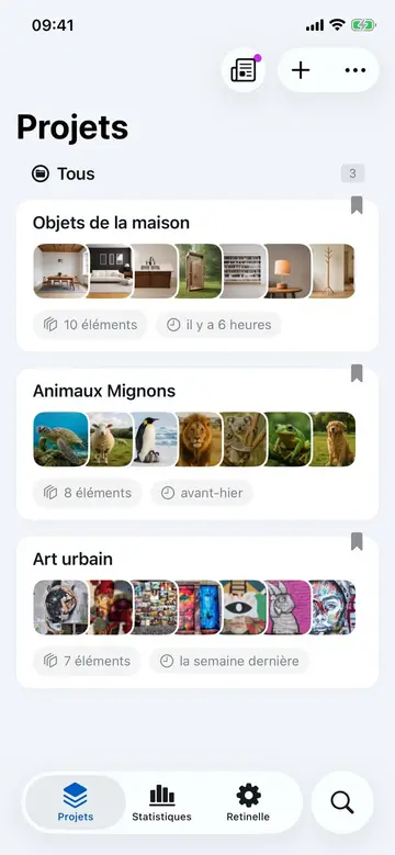 Écran de liste de projets dans Retinelle