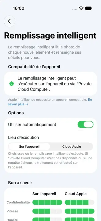 Écran de réglages du remplissage intelligent dans Retinelle