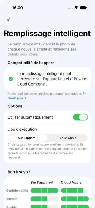 Écran de réglages du remplissage intelligent dans Retinelle