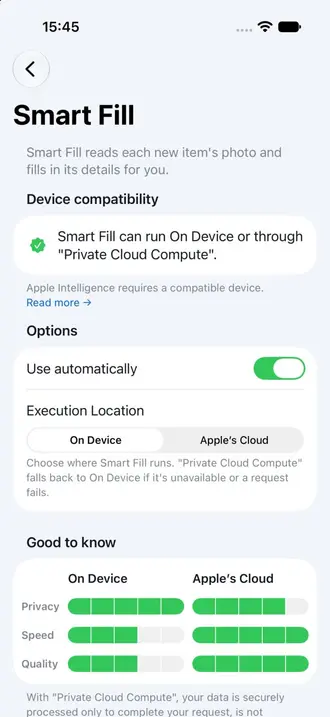 Smart Fill settings screen in Retinelle